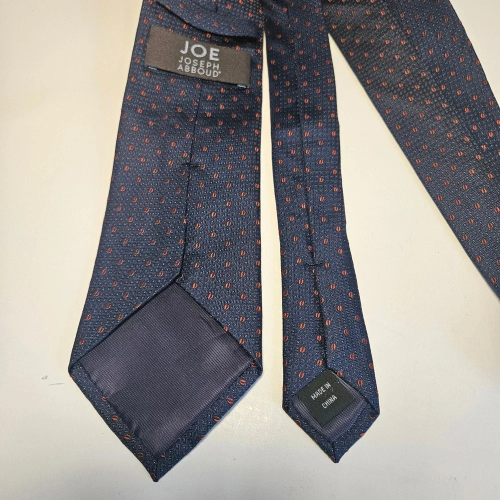 JOE Joseph Abboud Mens‎ Silk Necktie Navy Blue Orange Geometric Dot Pattern Tie